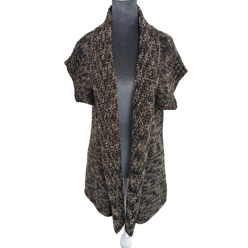 Coldwater Creek Wms L 14 Black Gold Metallic Knit Open Front Cardigan Vest